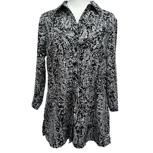 Fred David Black and White Paisley 3/4 Sleeve Button Front Top Size Medium